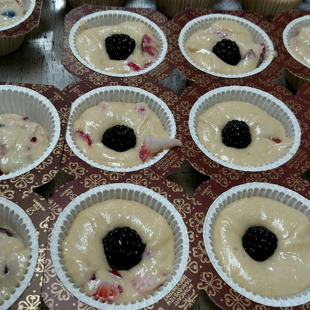 Strawberry- blackberry muffins gong in to the oven!